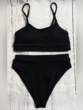 Women’s Lilosy Black High Waisted Ribbed Two-Piece Crop Bikini Set, Size M